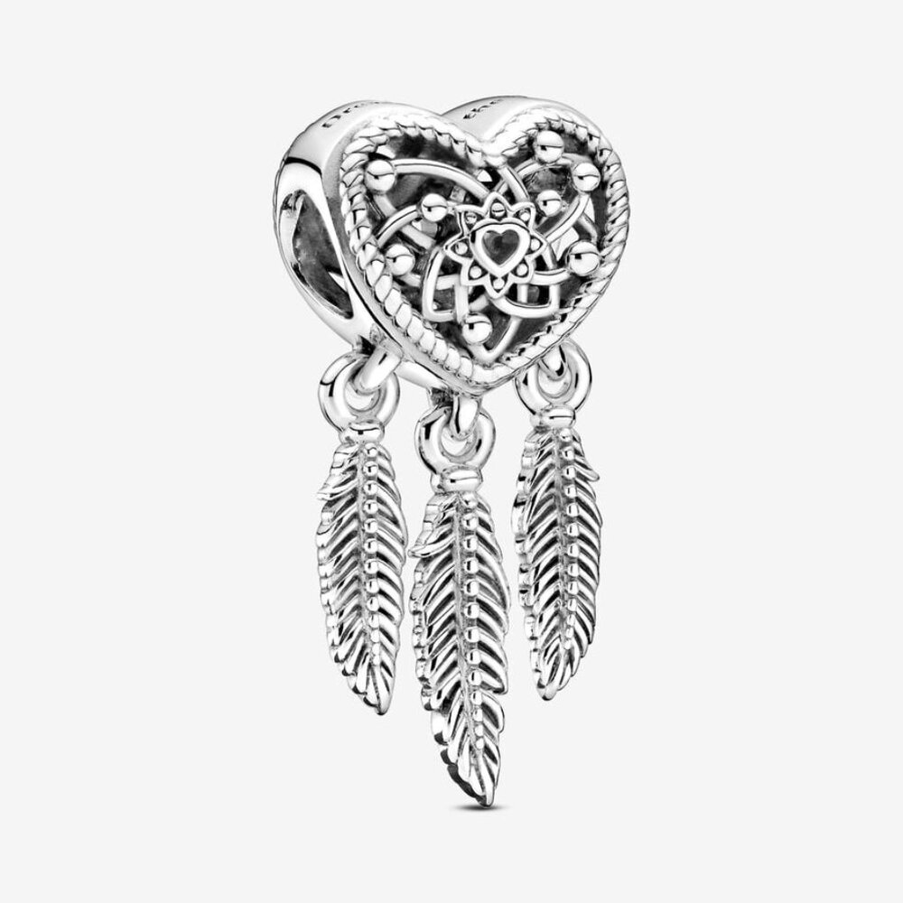 Heart Feathers Dreamcatcher Dangle Bracelet Charm - Sterling Silver Fits Pandora
